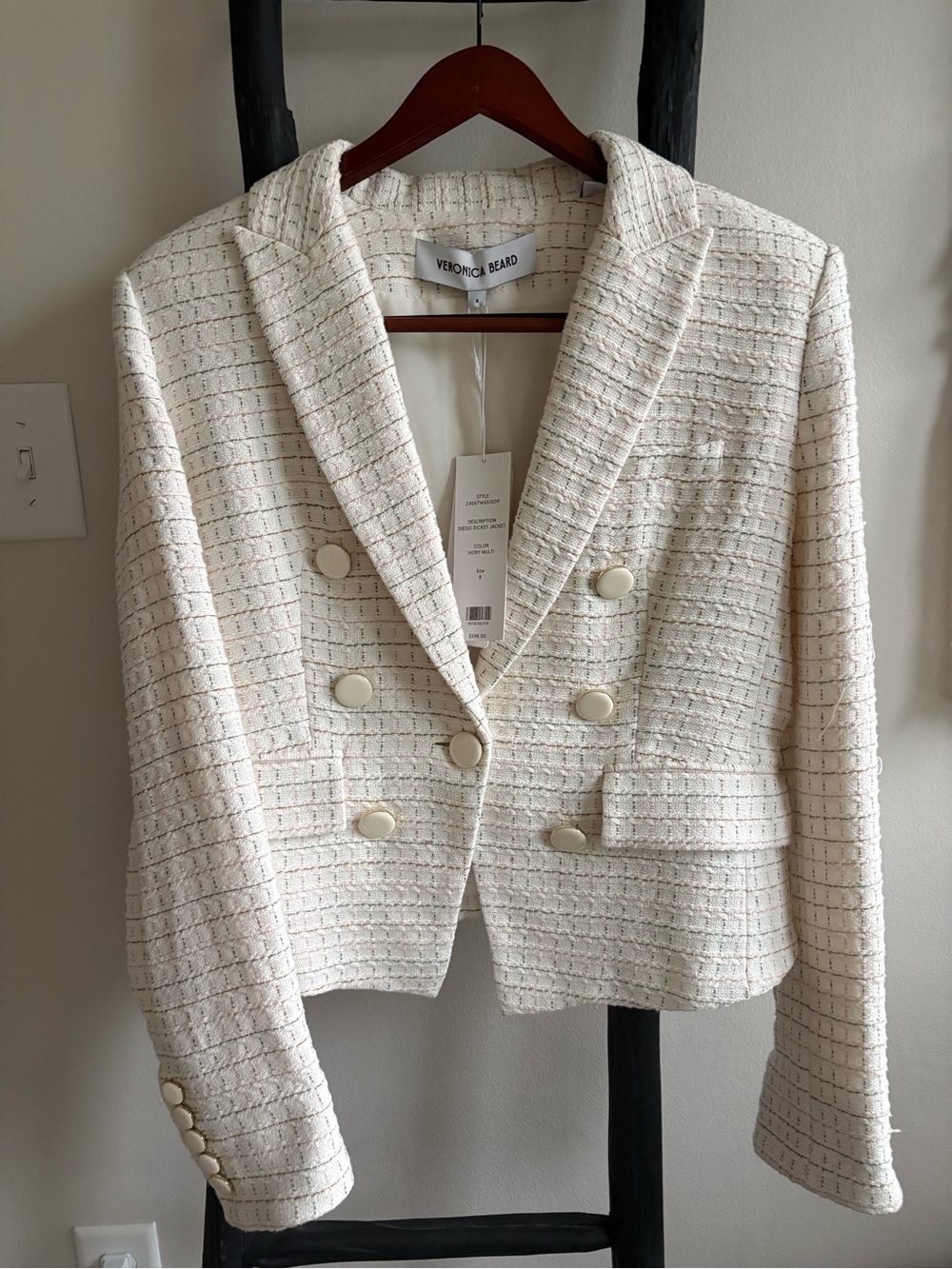 NWT Veronica Beard Cream Tweed Double-Breasted Blazer Jacket Sz 8